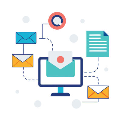 Email marketing automation workflow with triggers isolated on white background