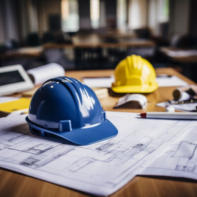 A blue construction helmet with a project or construction plan on the table. Construction plan concept