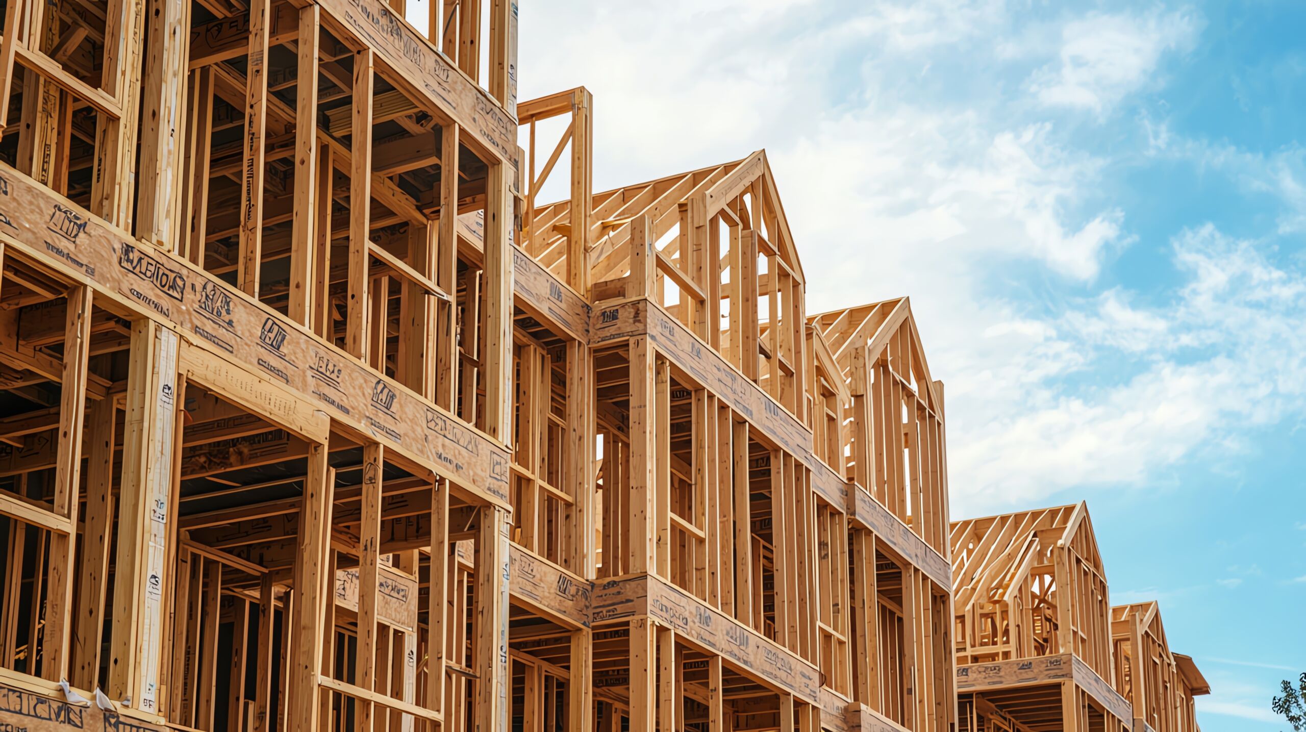 Wood frame construction under a clear blue sky.