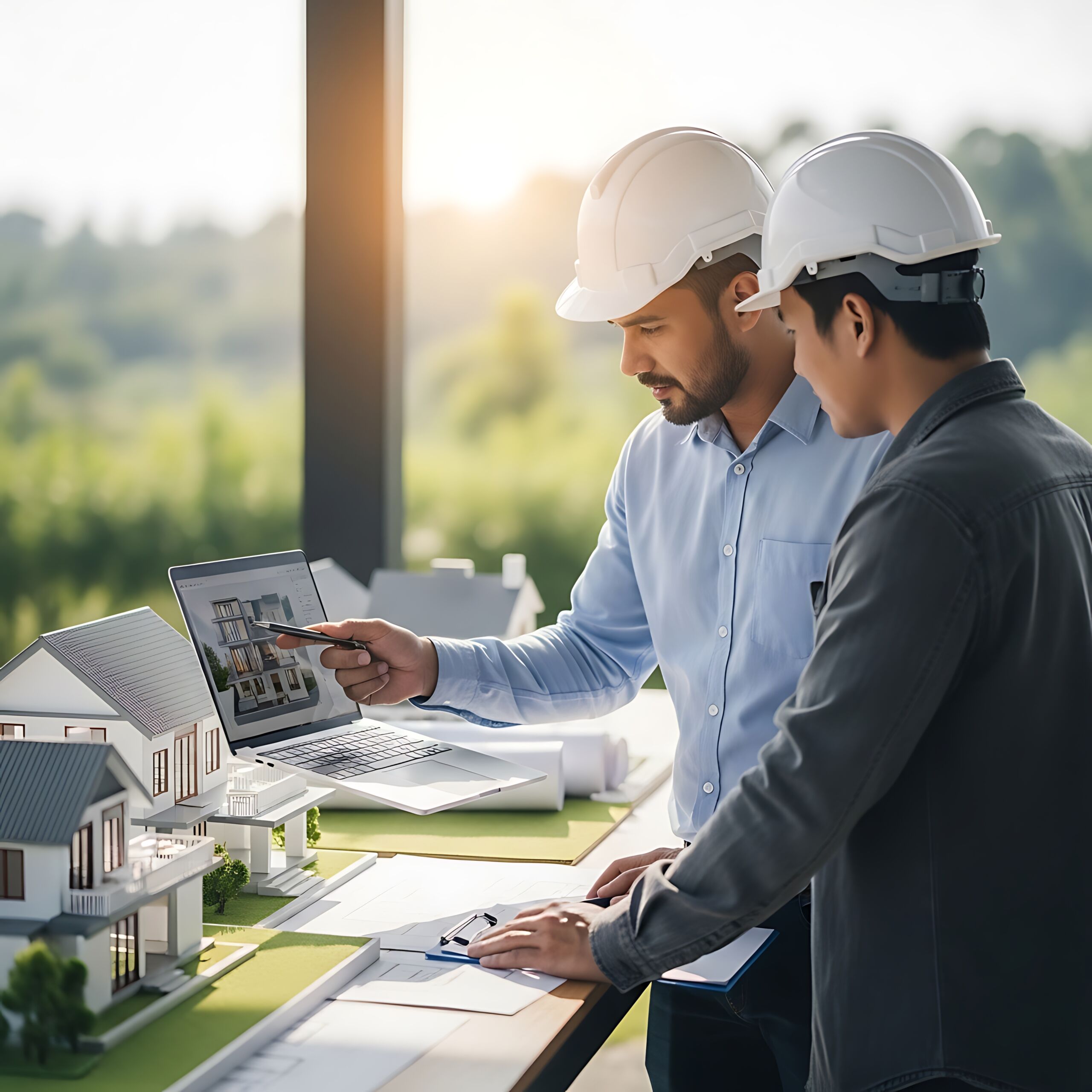Two architects or engineers reviewing building plans and models outdoors