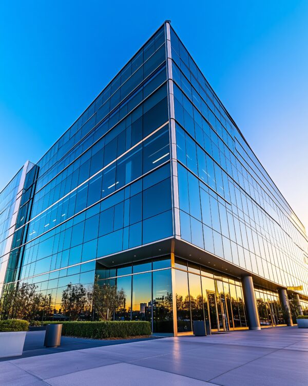 Modern glass office building exterior reflecting sunset, ideal for corporate headquarters, urban architecture, commercial real estate, or contemporary business environments